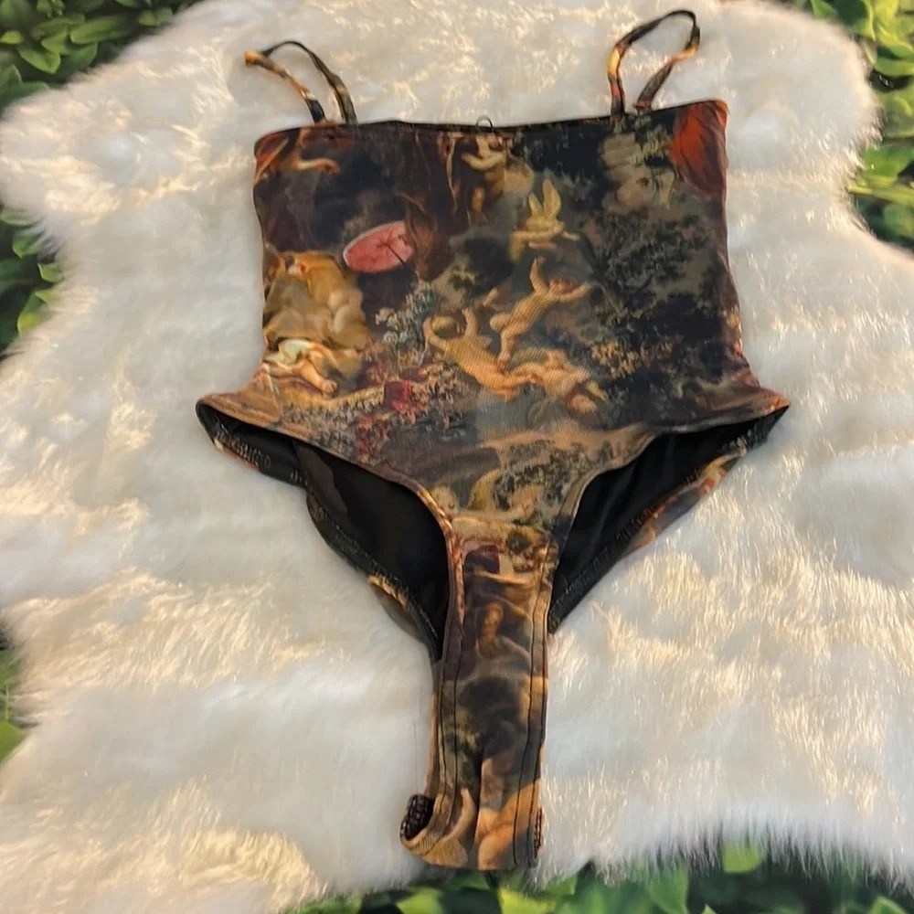 Plt Shape Brown Renaissance Print Mesh Ruched Thong Bodysuit - Picture 11 of 12